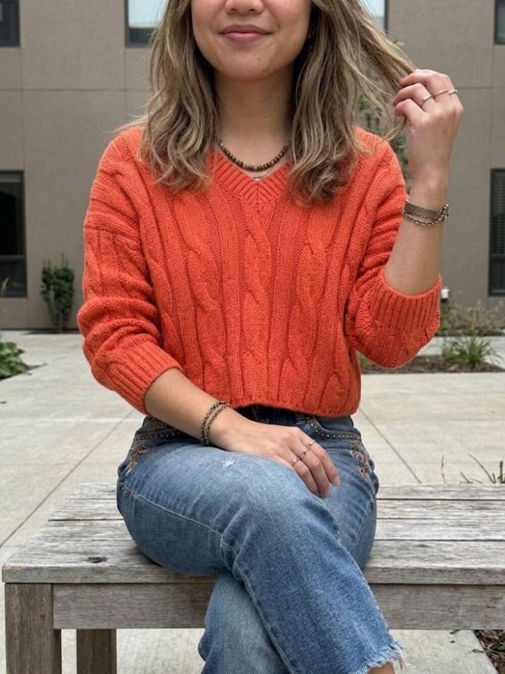 Madewell Chunky Cable-Knit Pumpkin Orange Preppy V-neck Pullover Sweater Size S